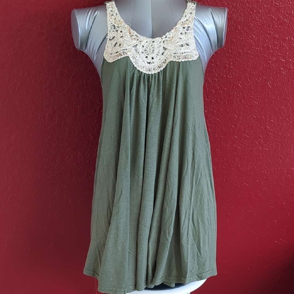 Poof Couture Green Crocket Lace Collar Tank Top Flowy - Pleated Women Size S